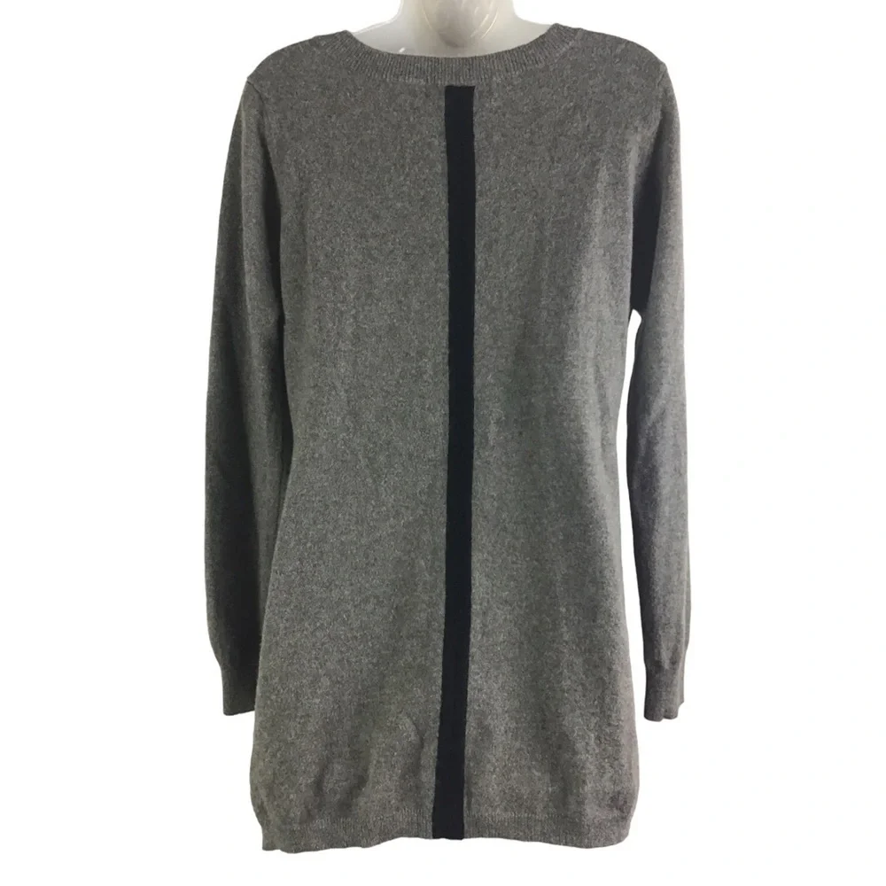 Ply Cashmere Women’s XL Crew Neck Gray Tunic Sweater Black Stripe on Back